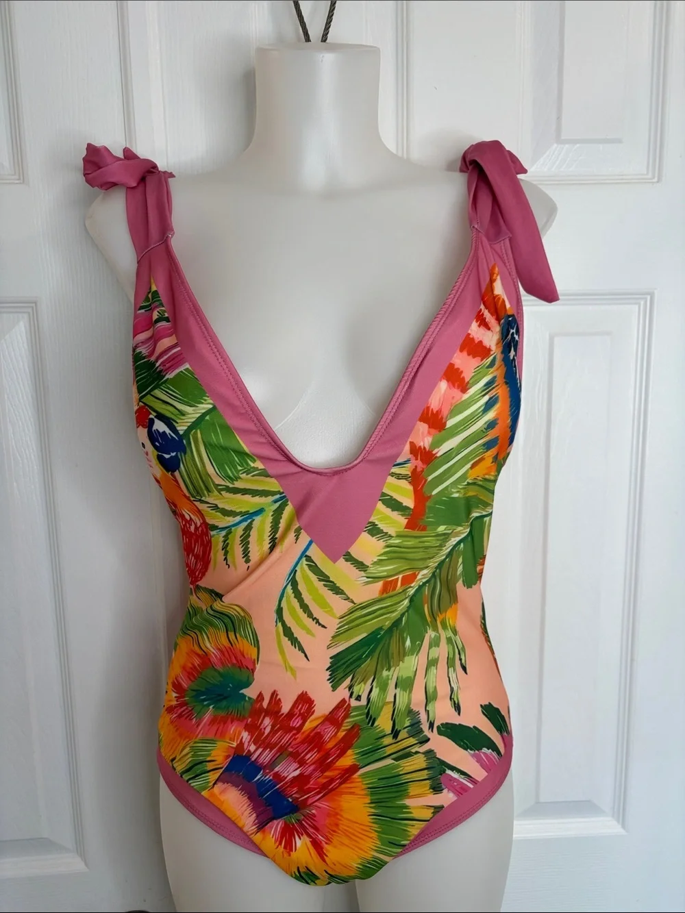 Pink Tropical One-Piece Swimsuit Tie Straps Matching Maxi Sarong Wrap Set Size M
